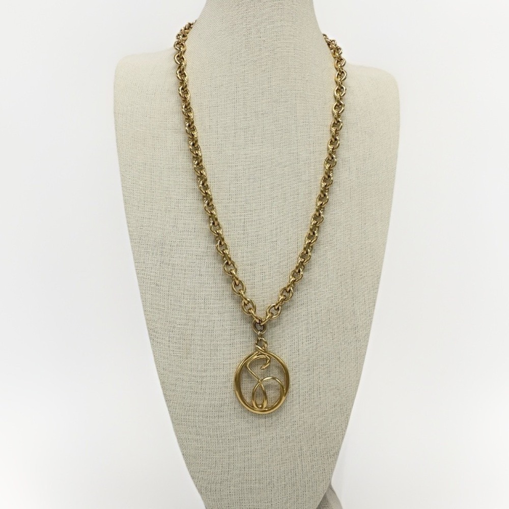 Vintage Givenchy Necklace Long Gold Tone Chain "G" Pendant Runway Modernist 70s - Picture 3 of 16